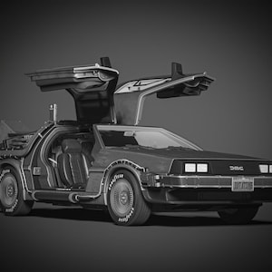 May include: A grayscale image of a DeLorean DMC-12 car with its iconic gull-wing doors open. The car has a stainless steel body, black accents, and Goodyear tires. The DMC logo is visible on the front.