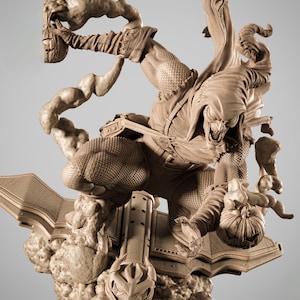 May include: A detailed, tan-colored sculpture of a comic book villain in a dynamic pose. The figure is wearing a hooded costume and holding a pumpkin bomb. The sculpture is mounted on a stylized base with cloud-like elements.