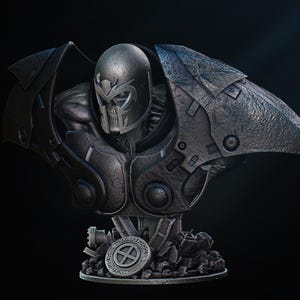 May include: A detailed bust of a character in a dark, metallic suit with a helmet and mask. The bust features intricate armor plating and a base with a circular emblem and rubble. The overall color scheme is dark gray and black.