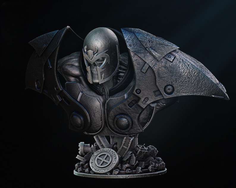 May include: A detailed bust of a character in a dark, metallic suit with a helmet and mask. The bust features intricate armor plating and a base with a circular emblem and rubble. The overall color scheme is dark gray and black.
