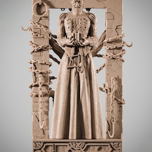 May include: A detailed sculpture of a figure in a long robe, holding a small box, framed by a stone archway. Chains and hooks are draped around the arch. The sculpture is a neutral beige color.