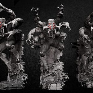 May include: Three detailed statues of a monstrous creature with multiple arms and a menacing face. The figures are dark gray with red accents and stand on a crumbling stone base, set against a black background.