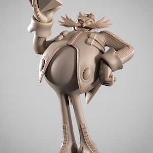 Puede incluir: Figura de color beige de un personaje con un gran bigote, gafas y un cuerpo bulboso. El personaje sostiene un objeto geométrico grande en una mano. La figura lleva una chaqueta con botones grandes y tiene piernas largas y delgadas.