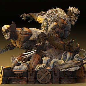 Peut inclure: Statue détaillée représentant deux personnages de bande dessinée dans des poses dynamiques. L'un, Wolverine, a les griffes sorties. L'autre, une grande figure musclée, est positionné derrière lui. La base présente le logo X-Men.