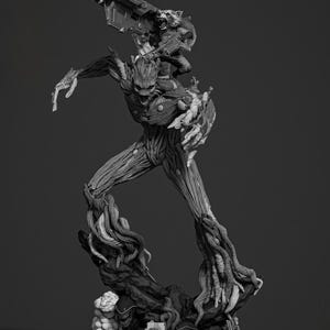 Pode incluir: Uma escultura em tons de cinza de Groot, um humanóide semelhante a uma árvore, com Rocket, um guaxinim, empoleirado em seu ombro. Groot está em uma pose dinâmica, com texturas de madeira detalhadas. Rocket segura uma arma grande.