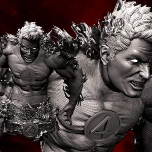 May include: A monochrome statue of a muscular superhero with spiky hair and a determined expression. The figure wears a uniform with a large "4" emblem. The statue is highly detailed, with intricate textures and a dynamic pose, suggesting action and power.