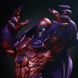 May include: A detailed sculpture of a character with a skull-like face, wearing a red and purple armored suit. The figure has sharp claws and is posed with arms raised. The eyes glow with a bright green light, set against a dark background.