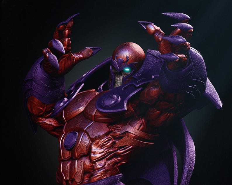May include: A detailed sculpture of a character with a skull-like face, wearing a red and purple armored suit. The figure has sharp claws and is posed with arms raised. The eyes glow with a bright green light, set against a dark background.