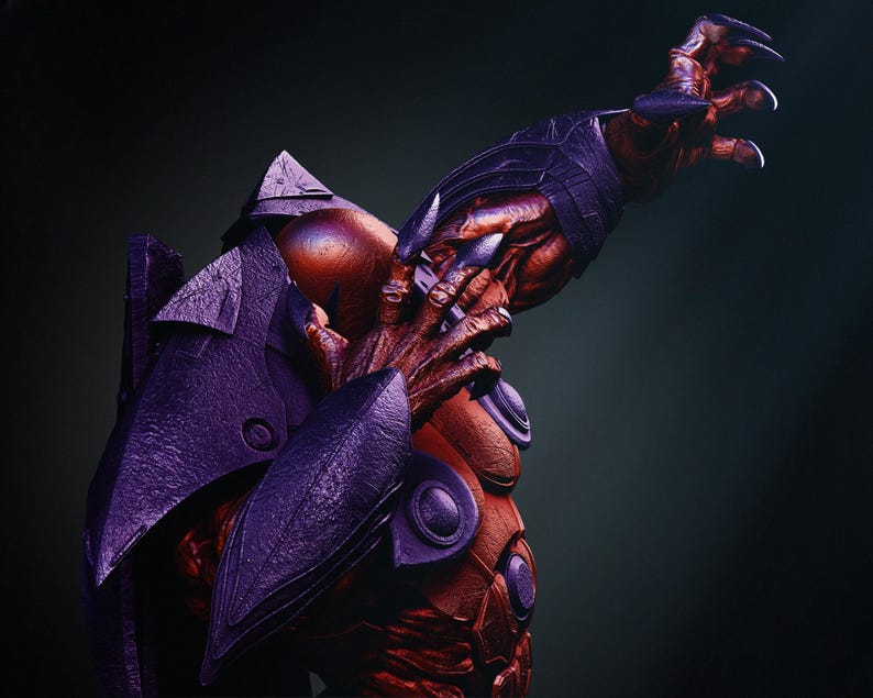 May include: A detailed, close-up view of a creature with a red and purple color scheme. The creature has sharp claws, armored plating, and a menacing posture. The image is set against a dark background, highlighting the creature's features.