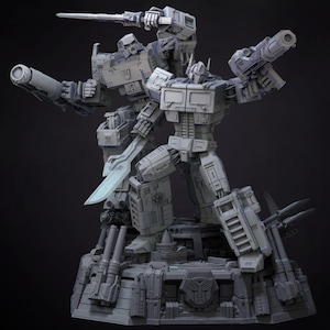 Puede incluir: Estatua gris detallada de dos personajes de Transformers en pose dinámica. Una figura sostiene una espada, la otra un bláster. La base presenta el logotipo de Transformers.