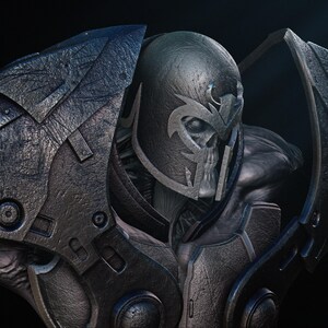 May include: A detailed digital rendering of a futuristic warrior in dark armor. The character wears a helmet with a skull-like design and intricate plating. The armor has a textured, metallic appearance with dark blue and gray tones.