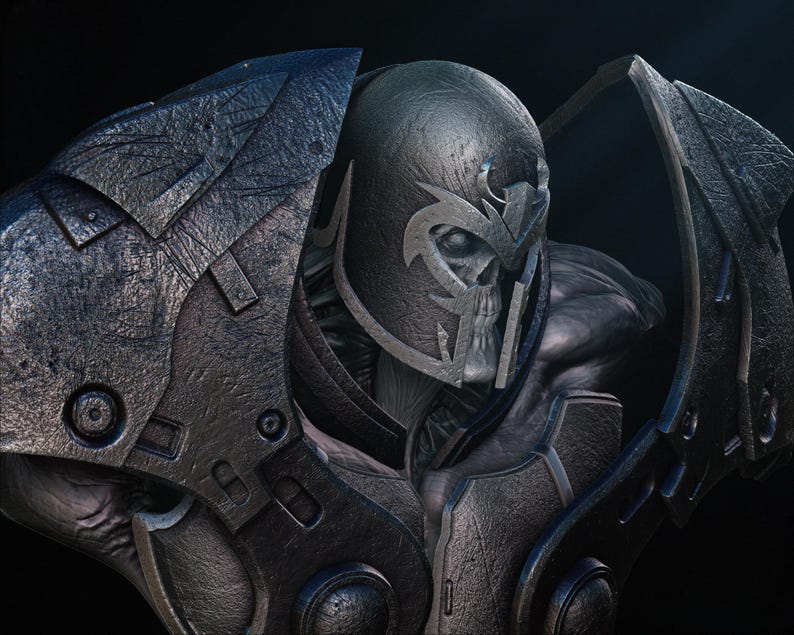 May include: A detailed digital rendering of a futuristic warrior in dark armor. The character wears a helmet with a skull-like design and intricate plating. The armor has a textured, metallic appearance with dark blue and gray tones.