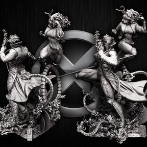 May include: Black and white statues of X-Men characters, including Gambit and Rogue, are featured in this image. The statues are highly detailed and set against a black background with the X-Men logo.