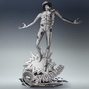 May include: A silver-colored Spider-Man figurine in a dynamic pose, standing on a stylized base with the words "Spider-Man" and "Across the Spider-Verse." The figure has a unique, almost skeletal design, with a hat and outstretched arms.