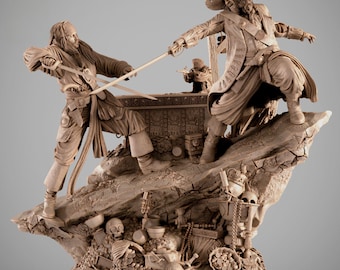 Jack vs Barbossa – Pirate of The Caribean Diorama | Black Tide Ascension STL Statue | 3D Print Model | Digital STL File