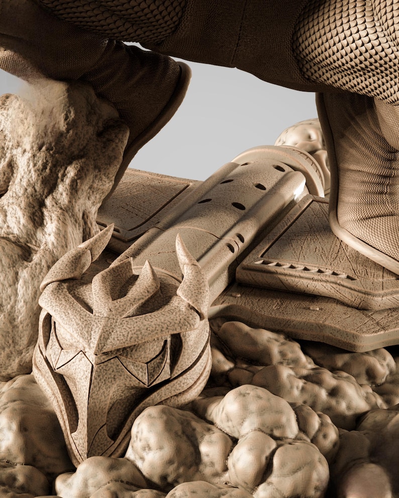 May include: A detailed, sepia-toned sculpture of a stylized helmet or mask, featuring sharp angles and a textured surface. The design includes pointed horns and a central, angular face. The piece is surrounded by a rocky, uneven terrain, suggesting a fantasy or sci-fi theme.