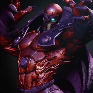 May include: A detailed digital rendering of a character in a red and purple armored suit. The character has a skull-like face with glowing blue eyes, a red helmet, and clawed hands. The armor has intricate details and a metallic sheen.