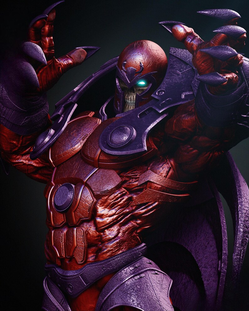 May include: A detailed digital rendering of a character in a red and purple armored suit. The character has a skull-like face with glowing blue eyes, a red helmet, and clawed hands. The armor has intricate details and a metallic sheen.
