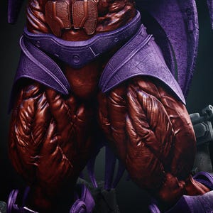 May include: Close-up of a muscular figure's legs and torso, showcasing detailed textures and shading. The figure wears purple armor on the thighs and waist, with a reddish-brown skin tone. The image has a dark background.