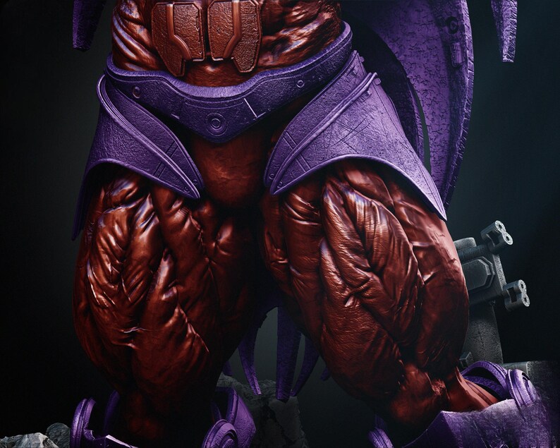 May include: Close-up of a muscular figure's legs and torso, showcasing detailed textures and shading. The figure wears purple armor on the thighs and waist, with a reddish-brown skin tone. The image has a dark background.