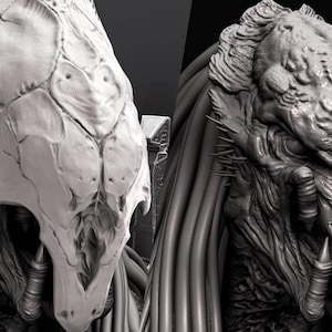 Peut inclure: Rendu 3D en niveaux de gris d'une tête de créature, divisée en deux. Un côté présente une forme lisse et pâle en forme de crâne, tandis que l'autre révèle un visage texturé et détaillé avec des dents acérées et un design complexe.