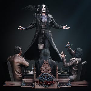 May include: A detailed figurine of The Crow, a character with pale skin, black hair, and dark clothing, with a crow perched on his shoulder. The figure is surrounded by other figures, and the base has the title "The Crow".
