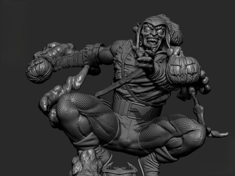 May include: A grayscale sculpture of a menacing figure in a crouched pose, holding two carved pumpkins. The character wears a hooded outfit, with a belt and textured leggings. The figure's face is contorted in a sinister grin.