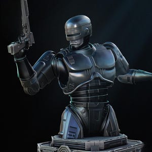 May include: A detailed bust of Robocop, a fictional cyborg police officer, in a dark, futuristic design. The figure is predominantly black with metallic accents, holding a gun. It stands on a rectangular base with intricate detailing, perfect for collectors.