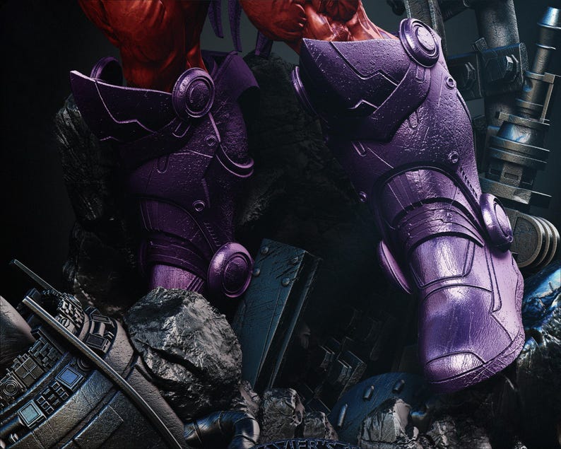 May include: Close-up of a purple robotic leg armor with intricate details. The armor has a metallic sheen and is set against a backdrop of dark, rocky terrain and mechanical components. The design suggests a futuristic or science fiction theme.