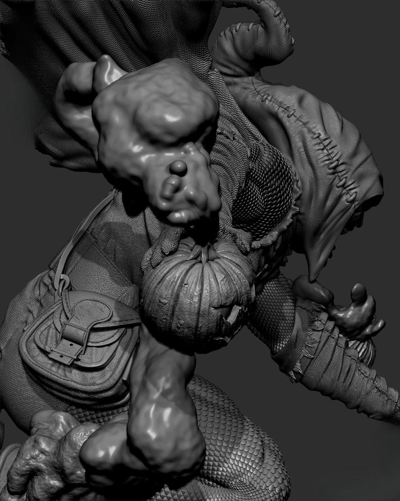 May include: A grayscale sculpture of a creature with a pumpkin, a satchel, and a hooded cloak. The creature has a grotesque face and a textured, scaly appearance. The pumpkin is carved with a jack-o'-lantern face.