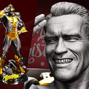 May include: A metallic silver and gold Turbo Man action figure stands on a black base with the character's name. The image also features a grayscale bust of a smiling man with short, slicked-back hair.