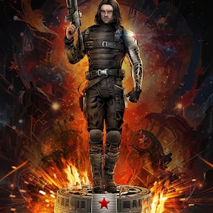 May include: A detailed illustration of a character from "Captain America: The Winter Soldier." The figure, clad in a black tactical suit with a metallic arm, holds a rifle. The base features the film's title and red star accents, set against a fiery, action-packed background.