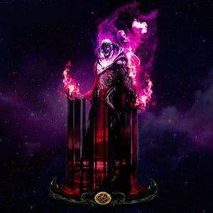 May include: Digital artwork of a figure with a glowing purple aura and flames. The figure is standing on a cylindrical structure with a dark, ornate base. The background is a starry night sky.