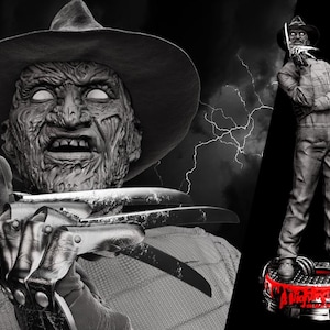 May include: A monochrome image showcasing a detailed sculpture of a horror movie character wearing a hat and bladed glove. The character's face is the focal point, with a full-body statue on the right. Lightning bolts are visible in the background.