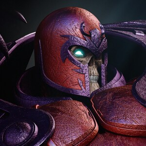 May include: A detailed digital rendering of a character's head and shoulders, featuring a skull face with glowing green eyes. The character wears a textured, maroon helmet and armor with purple accents, creating a menacing and powerful aesthetic.