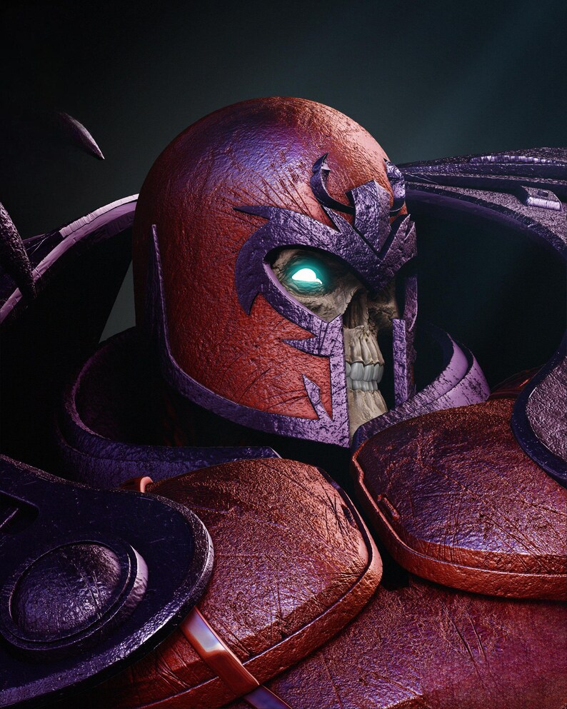 May include: A detailed digital rendering of a character's head and shoulders, featuring a skull face with glowing green eyes. The character wears a textured, maroon helmet and armor with purple accents, creating a menacing and powerful aesthetic.
