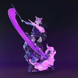 May include: A detailed figurine of a female warrior in a dynamic pose, wielding a sword with a vibrant purple energy trail. She wears a dark bodysuit, a butterfly-shaped mask, and is set against a dark purple background. The base features intricate mechanical details.