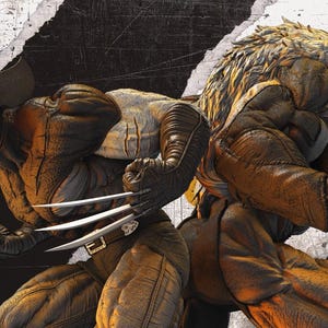 May include: A digital illustration featuring two muscular figures in action poses. One figure, in a brown and yellow costume, has metal claws and a mask. The other figure is a large, beast-like character with fur and claws. The background is a textured, abstract design.