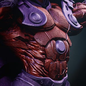 May include: Close-up of a detailed, textured torso with metallic armor plating. The armor is a mix of bronze and purple, with circular accents. The skin is a deep red, with visible muscle definition. The overall aesthetic suggests a fantasy or sci-fi theme.