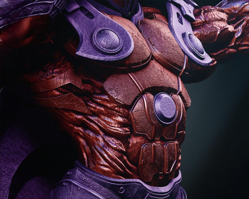 May include: Close-up of a detailed, textured torso with metallic armor plating. The armor is a mix of bronze and purple, with circular accents. The skin is a deep red, with visible muscle definition. The overall aesthetic suggests a fantasy or sci-fi theme.