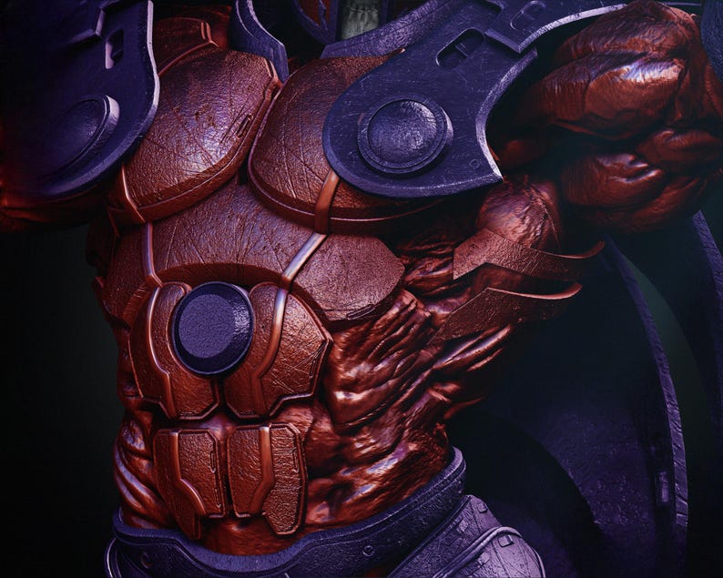 May include: Close-up of a detailed, textured, red and purple armored chest and shoulder piece. The armor has a metallic appearance with rivets and circular accents. The design suggests a fantasy or science fiction theme.