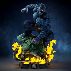 May include: A detailed figurine of the Beast from X-Men. The blue-furred character is in a dynamic pose, with a fierce expression. He is atop a green and yellow structure with flames. The base is a gray platform with mechanical details.
