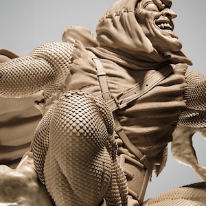 May include: A detailed sculpture of a character with a menacing grin, wearing a hooded garment and armor-like scales. The figure has a belt and straps across the chest, with a neutral background.
