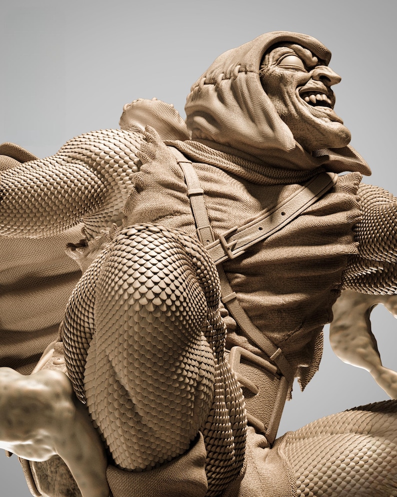 May include: A detailed sculpture of a character with a menacing grin, wearing a hooded garment and armor-like scales. The figure has a belt and straps across the chest, with a neutral background.