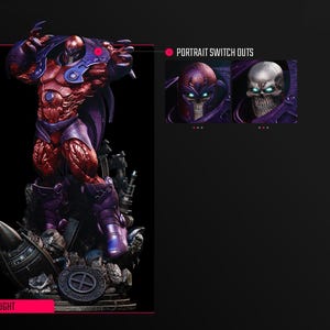May include: A detailed statue of a muscular, red and purple character with a helmet and cape, standing on a rocky base. The statue has interchangeable head portraits. The word "Onslaught" is displayed in a red box at the bottom.