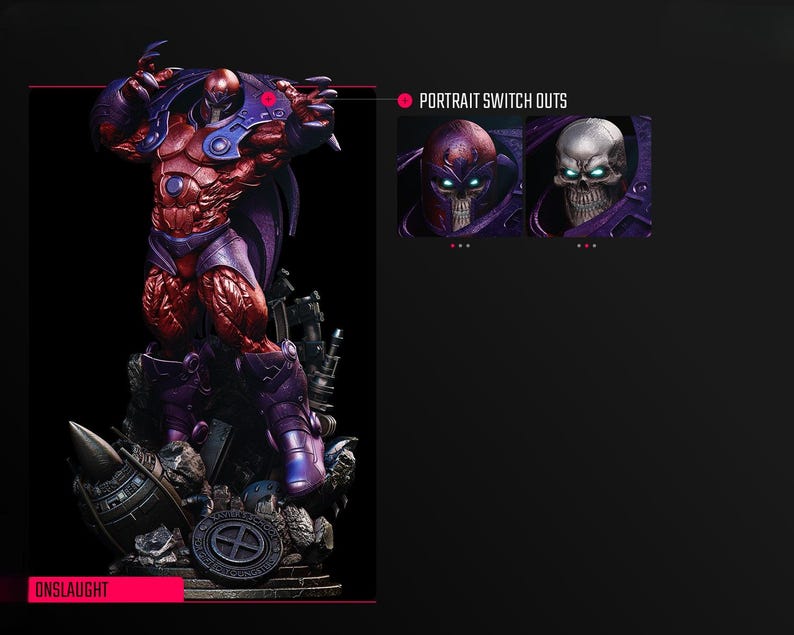 May include: A detailed statue of a muscular, red and purple character with a helmet and cape, standing on a rocky base. The statue has interchangeable head portraits. The word "Onslaught" is displayed in a red box at the bottom.