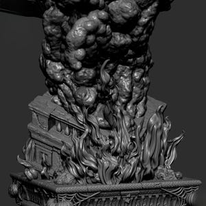 May include: A grayscale sculpture depicting a burning building with flames and smoke. The base features carved pumpkins and spiderwebs. The detailed artwork shows a house engulfed in fire, with billowing smoke rising above.