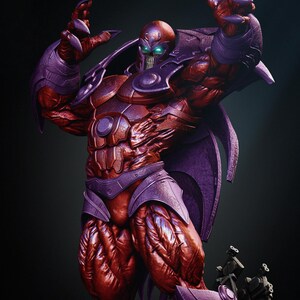 May include: A detailed 3D rendering of a muscular, red and purple character with glowing green eyes. The figure is in a dynamic pose, with arms raised, showcasing intricate armor and a menacing expression. The overall theme is fantasy or comic book art.