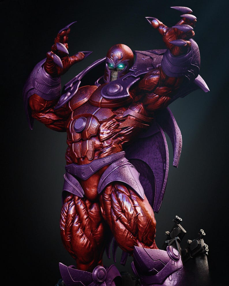 May include: A detailed 3D rendering of a muscular, red and purple character with glowing green eyes. The figure is in a dynamic pose, with arms raised, showcasing intricate armor and a menacing expression. The overall theme is fantasy or comic book art.