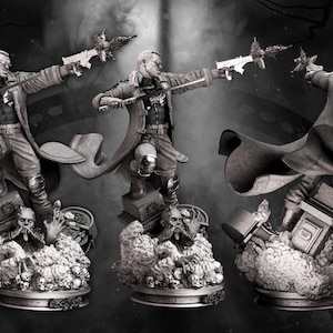 May include: Three monochrome statues of a figure in a long coat, holding a weapon. The statues are on a base with skulls and a cloud-like texture. The figure is in a dynamic pose, suggesting action.